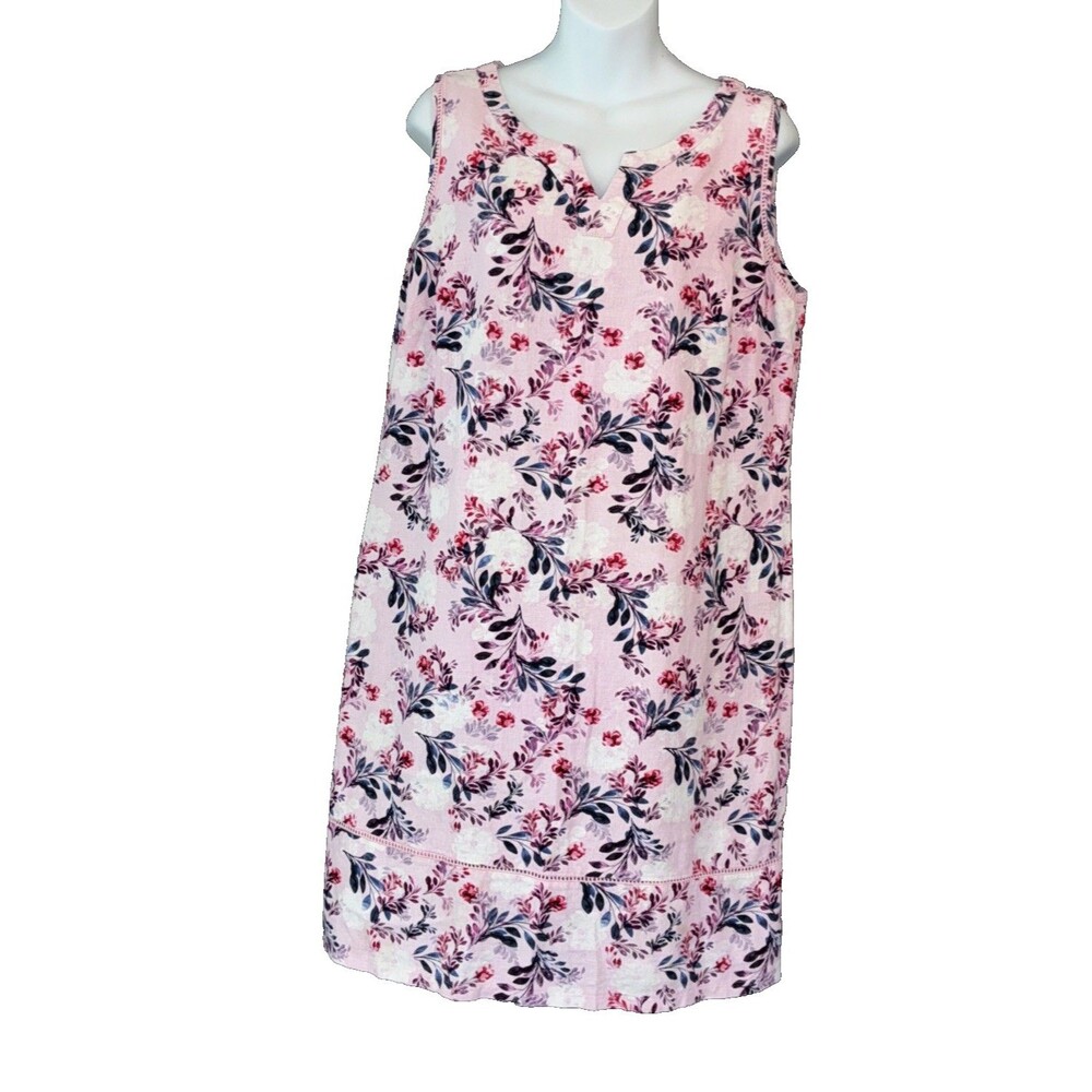 George Pink Floral Linen Blend A-line Sun Dress Sz US 10 Coastal Cottage Pastel